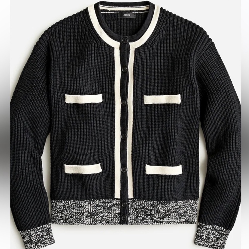 J Crew Black and Ivory Cotton Chunky Knit Sweater